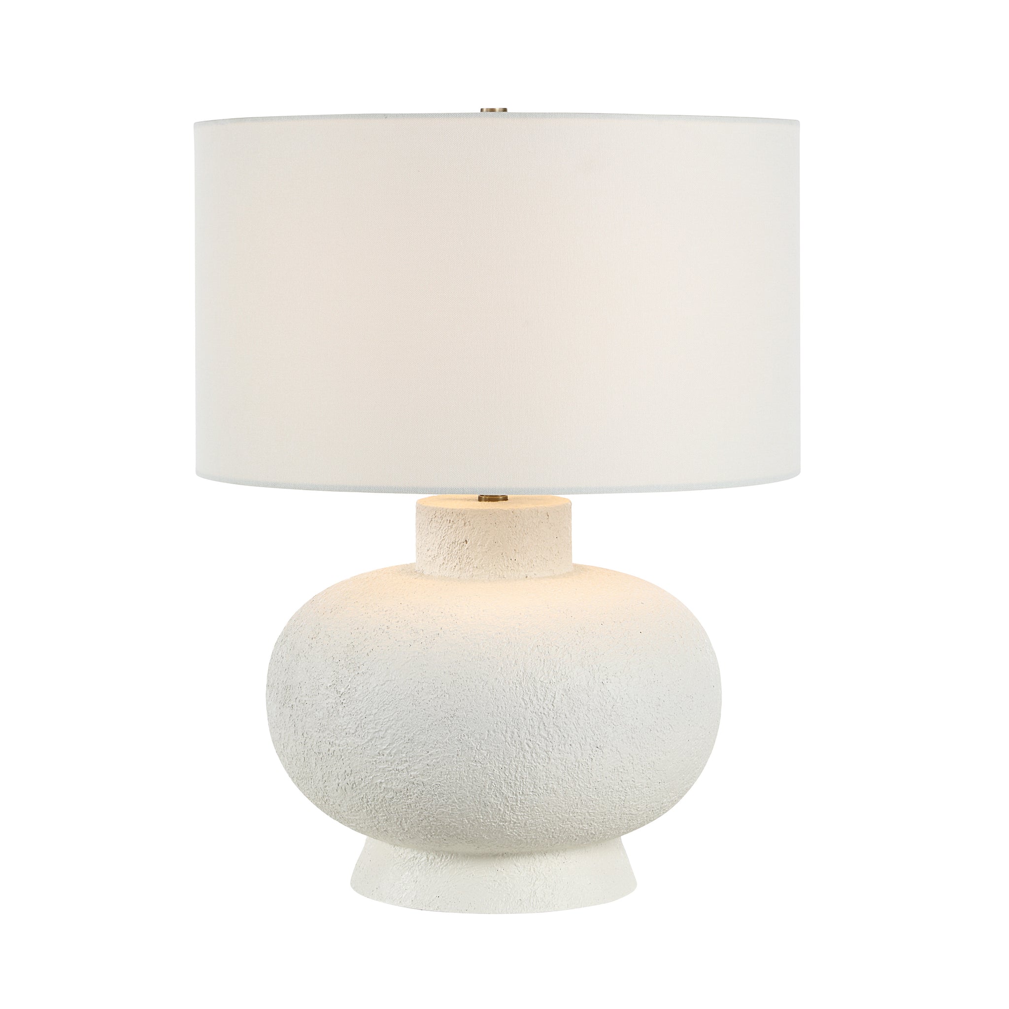 Mallow Table Lamp by Renwil illuminated, featuring a textured white base and white shade.