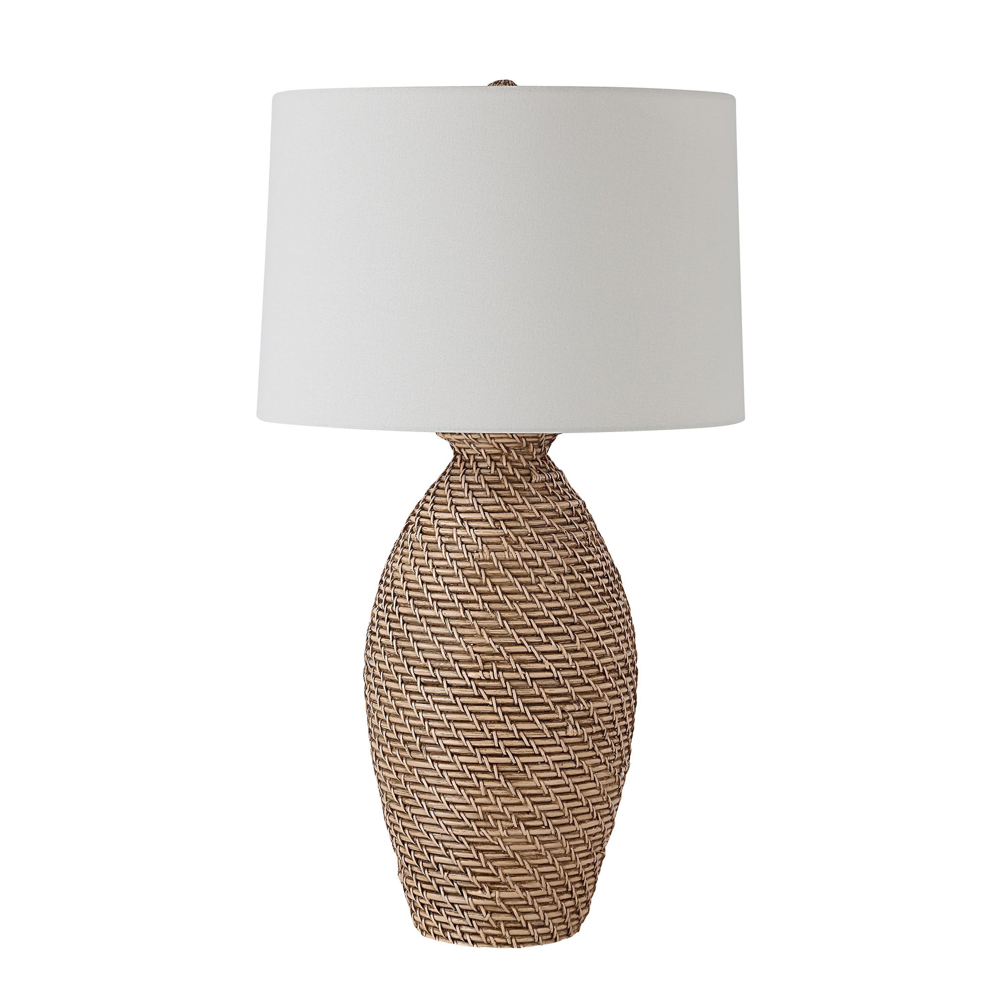 Santal Table Lamp by Renwil with a woven brown base and white fabric shade