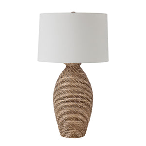 Santal Table Lamp by Renwil with a woven brown base and white fabric shade