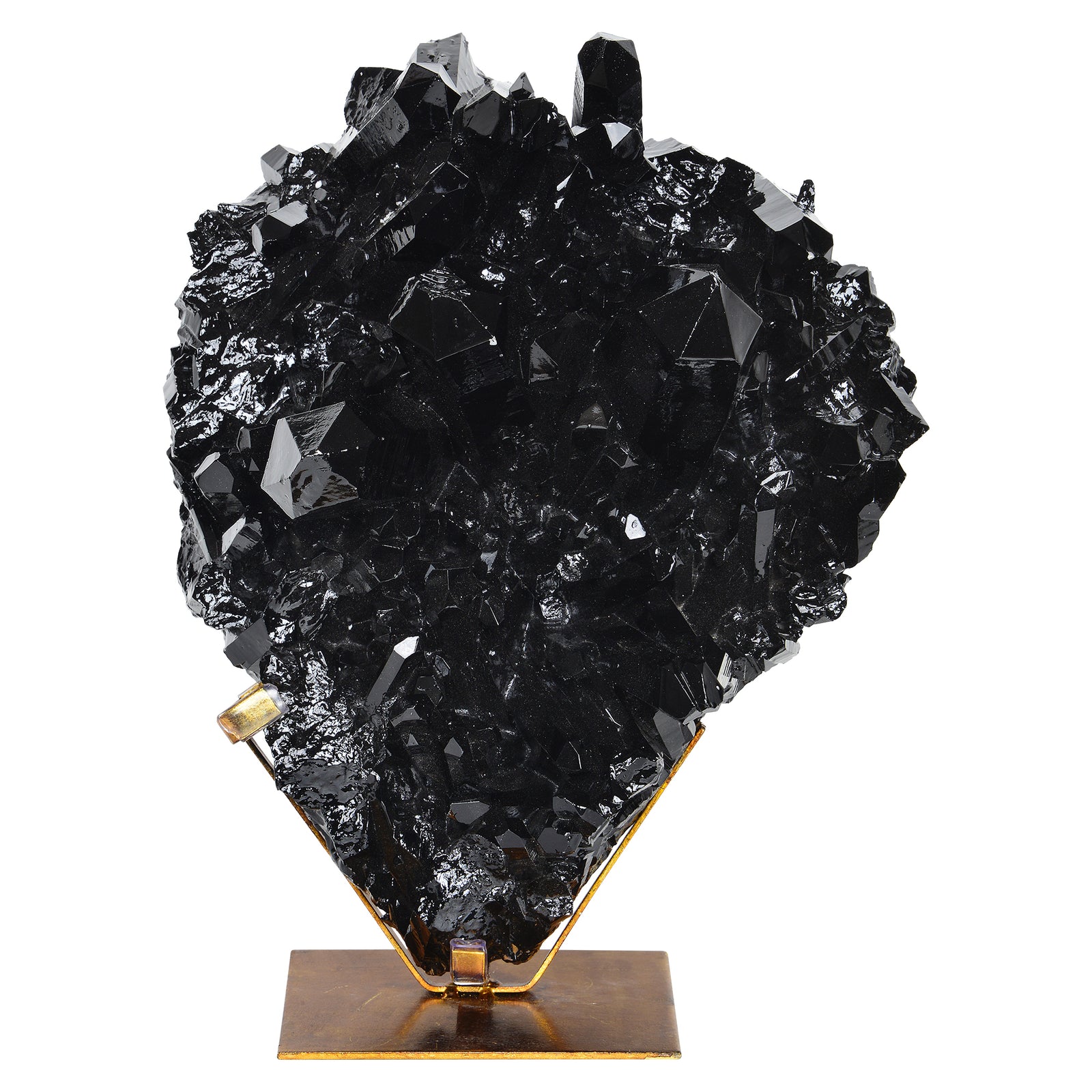 Burnett Statue by Renwil, black crystal vase on gold base, showcasing sharp crystal formations.