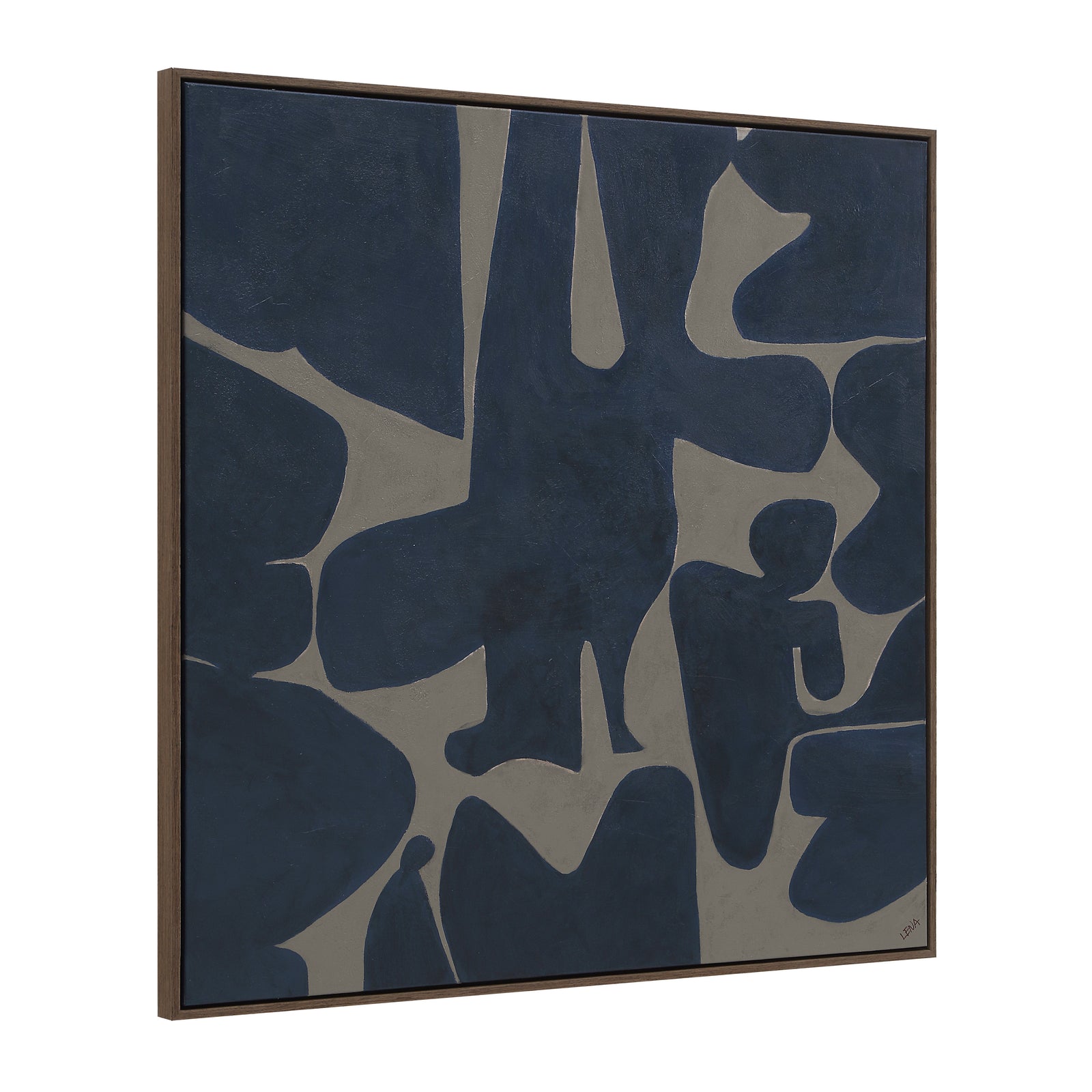 Valerio canvas art featuring abstract shapes in navy blue and beige tones.