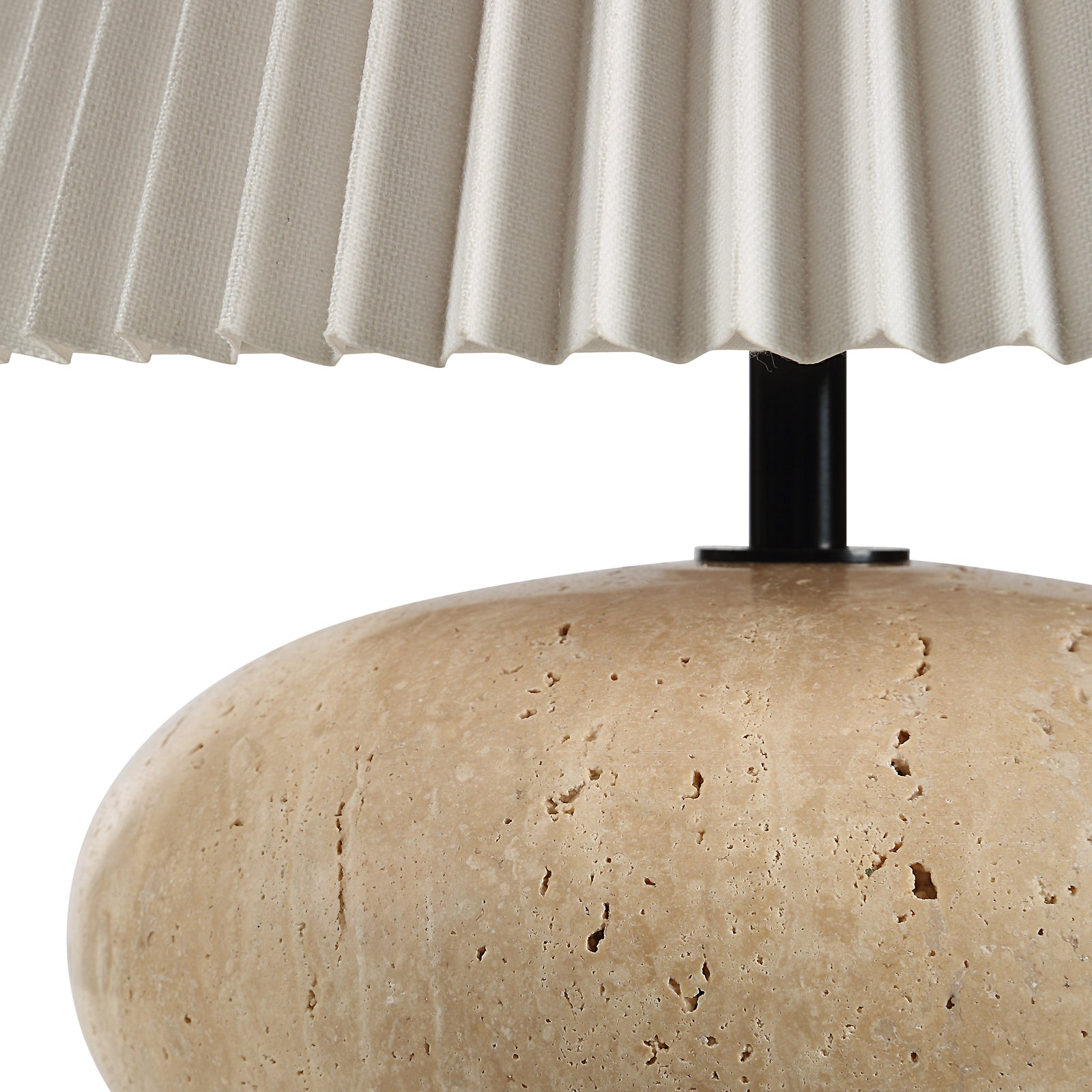 Noto Table Lamp by Renwil with a beige pleated shade and a round stone base.
