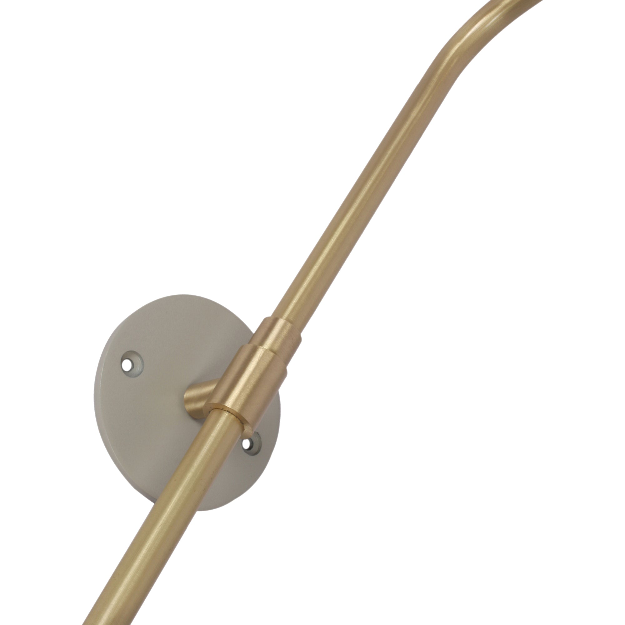 Close-up of Browne Wall Sconce's gold arm and round wall mount in matte gray, showcasing its sleek design.