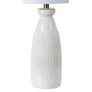 Nado Table Lamp showcasing a close-up of its ribbed ceramic base in white