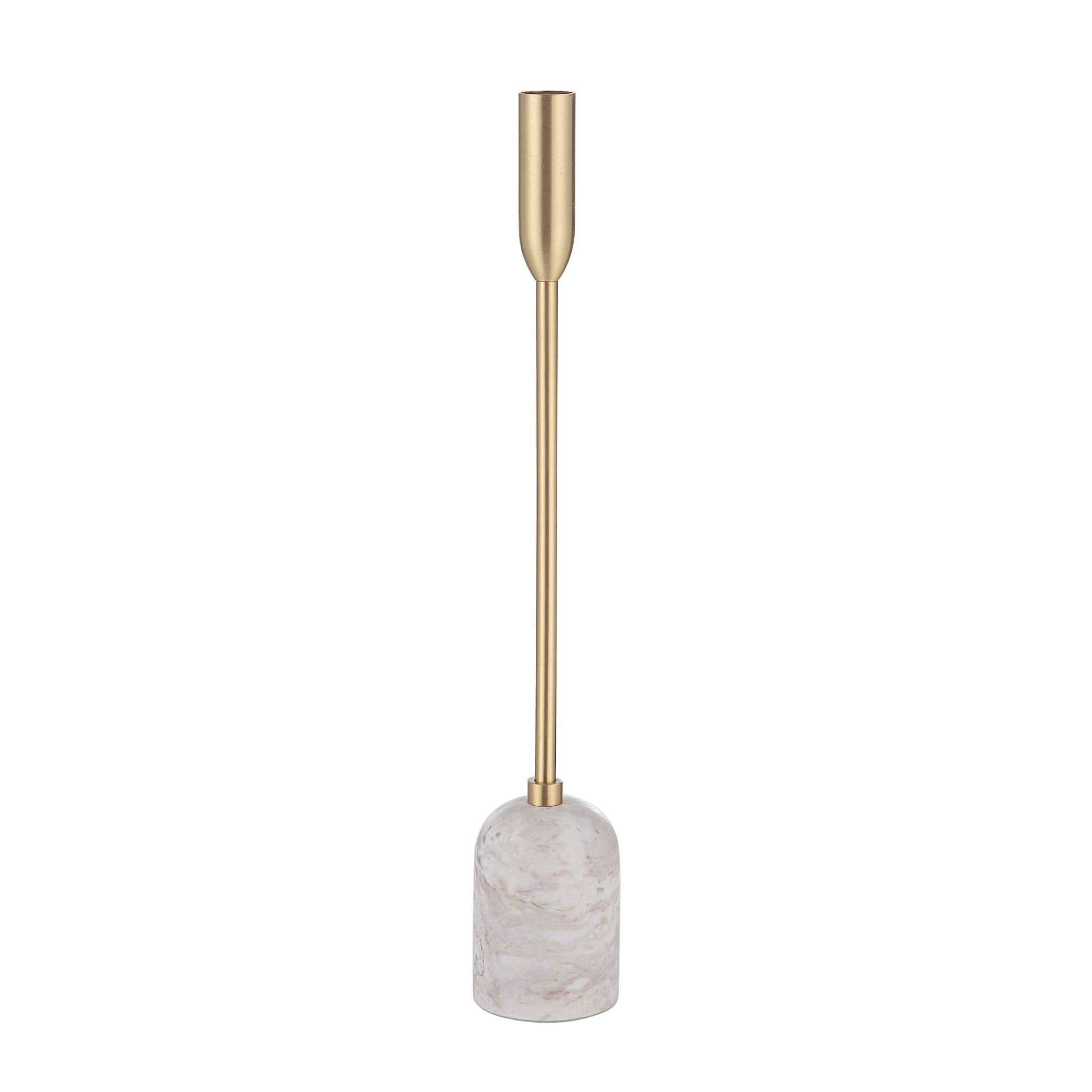 Marchesa Set Of 3 Tapered Candle Holder with a gold metal stem and a white marble base, showcasing a modern design.