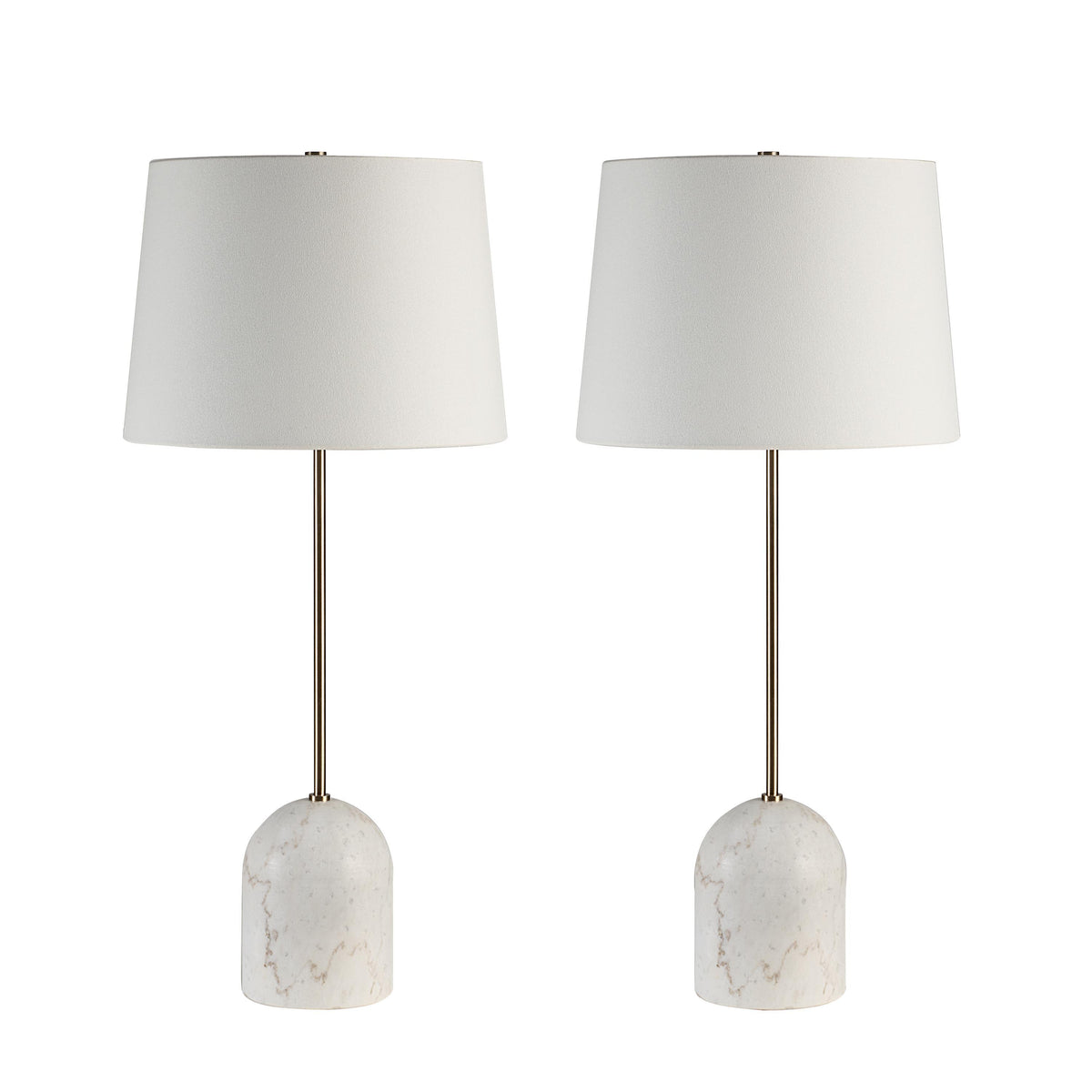 Dili table lamp set with white fabric shades and marble bases, featuring a sleek metal stem.