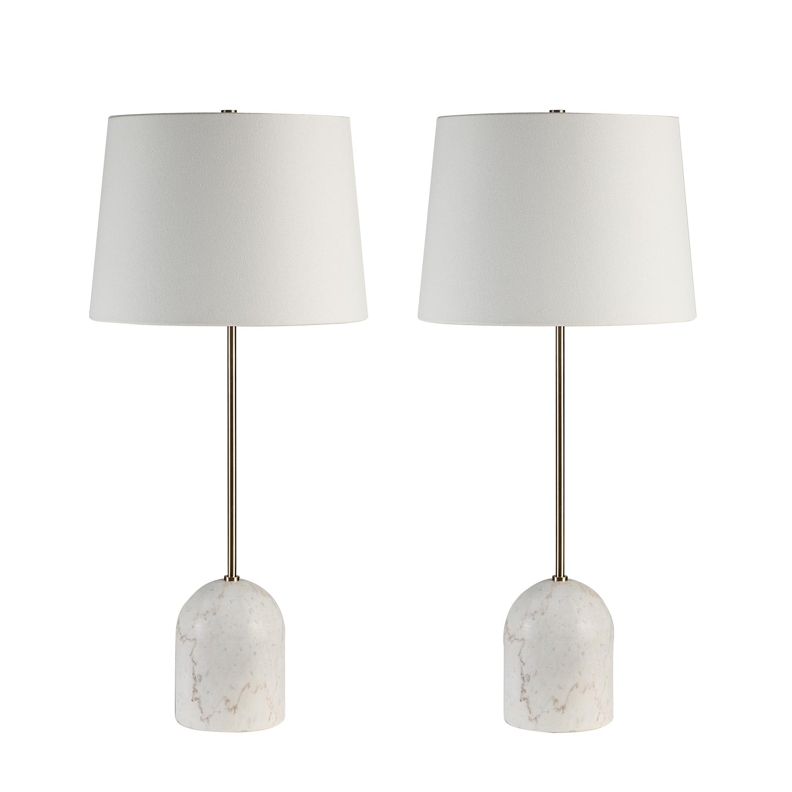 Dili table lamp set with white fabric shades and marble bases, featuring a sleek metal stem.