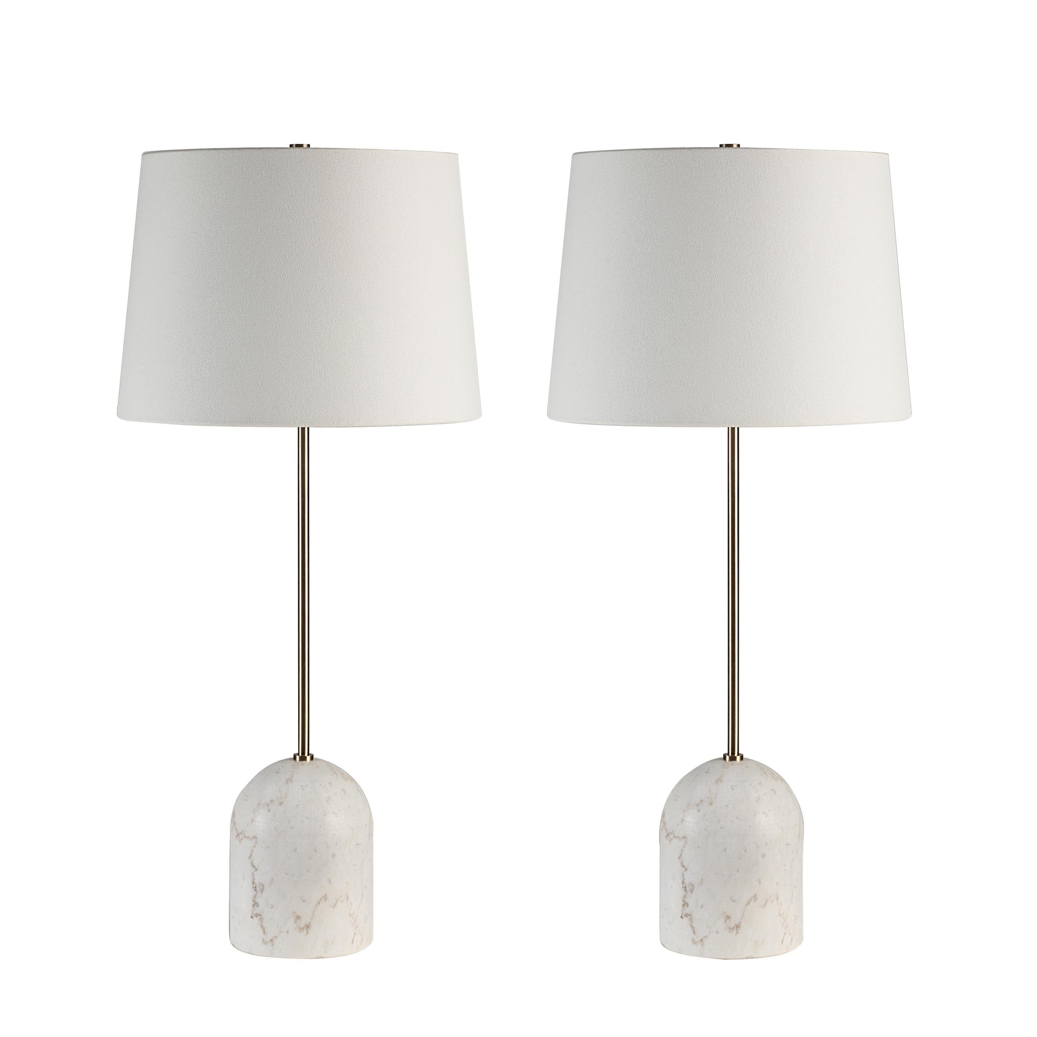Dili table lamp set with white fabric shades and marble bases, featuring a sleek metal stem.