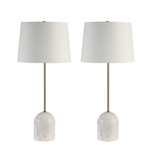 Dili table lamp set with white fabric shades and marble bases, featuring a sleek metal stem.