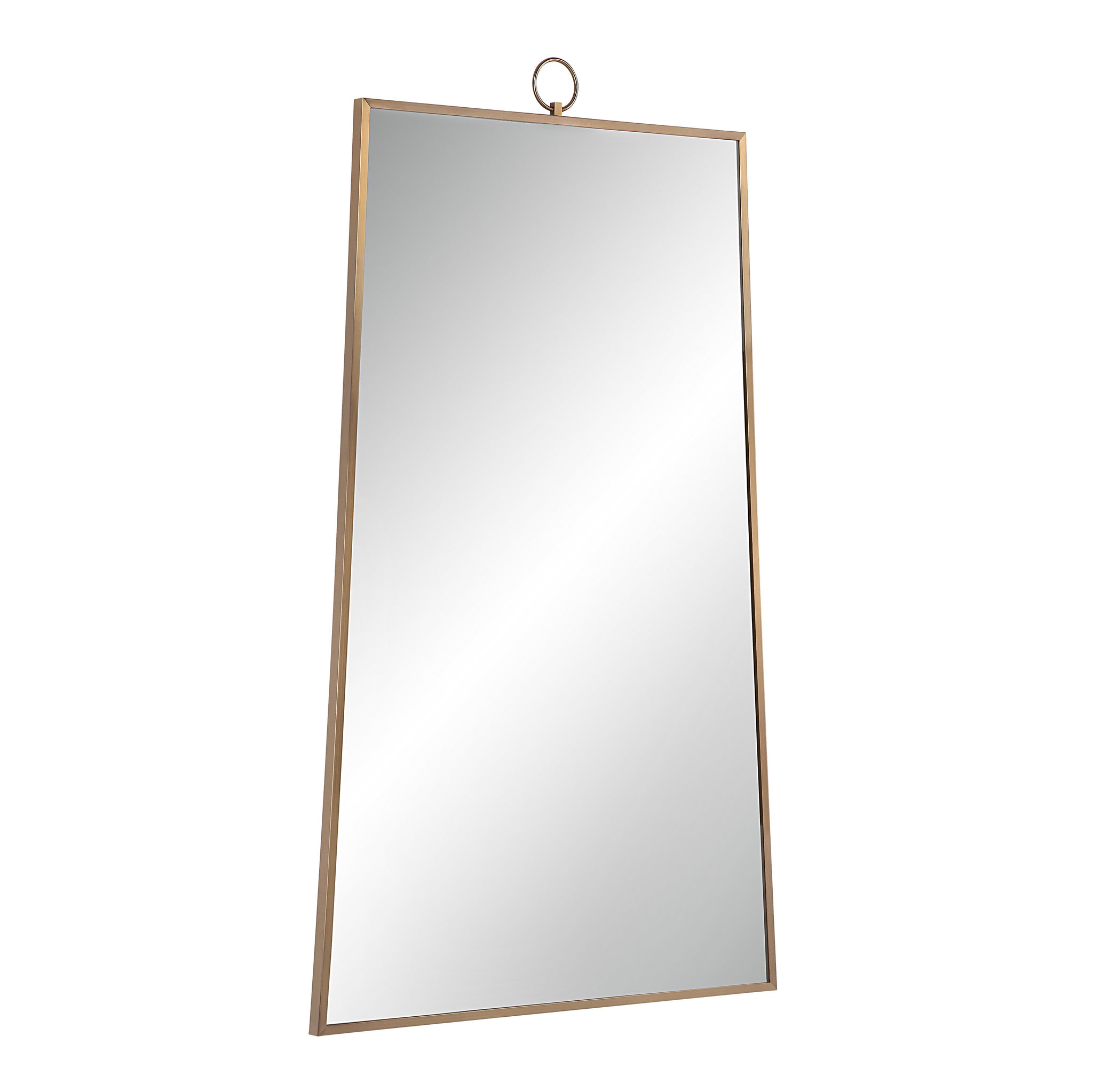Ariadne Wall Mirror angled view showing gold metal frame and hanging loop.