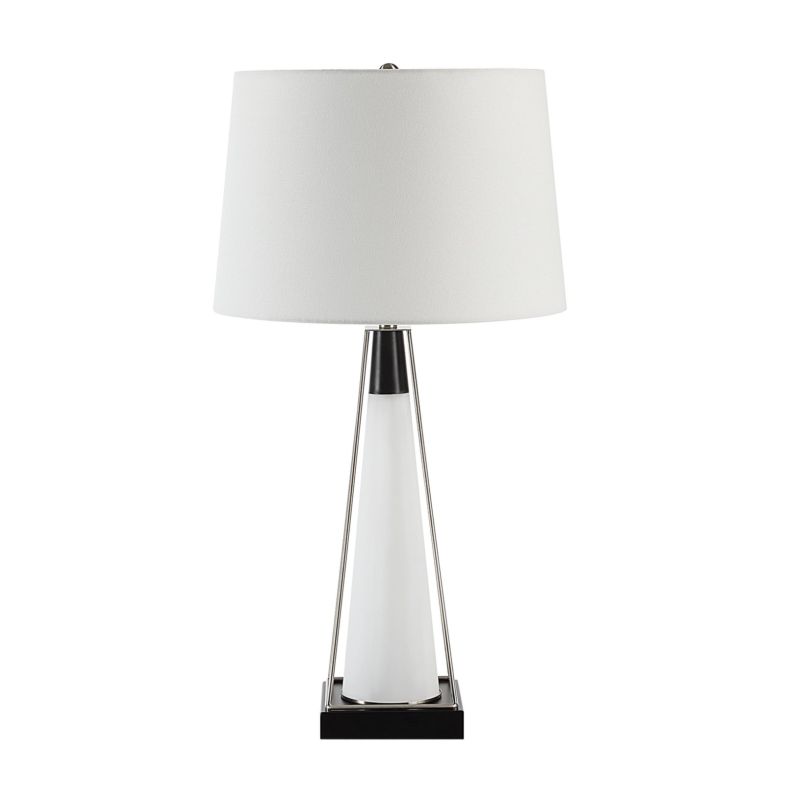 Navagio Table Lamp with a white fabric shade and a sleek white base, featuring a black square base.