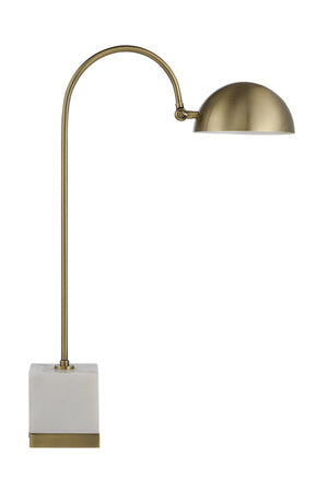 Volos Table Lamp showcasing a sleek brass arm and a square marble base with a dome brass shade.