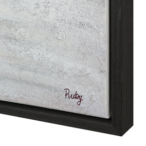 Baelish canvas art featuring a textured white surface with a dark wood frame and signature in burgundy.