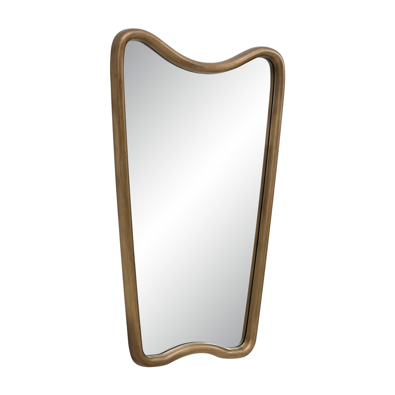 Echoa mirror with a unique wavy gold frame and clear reflective surface, front view.