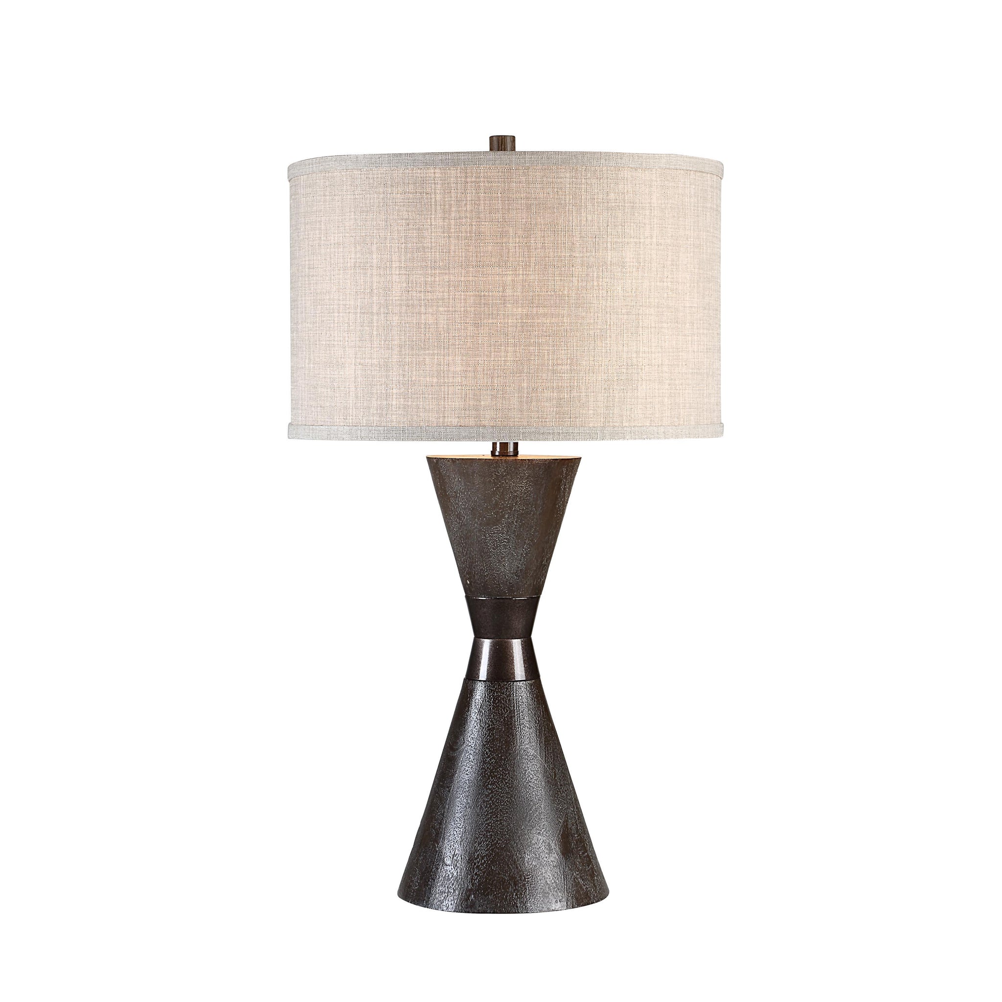 Vyara table lamp featuring a dark textured base and light beige shade