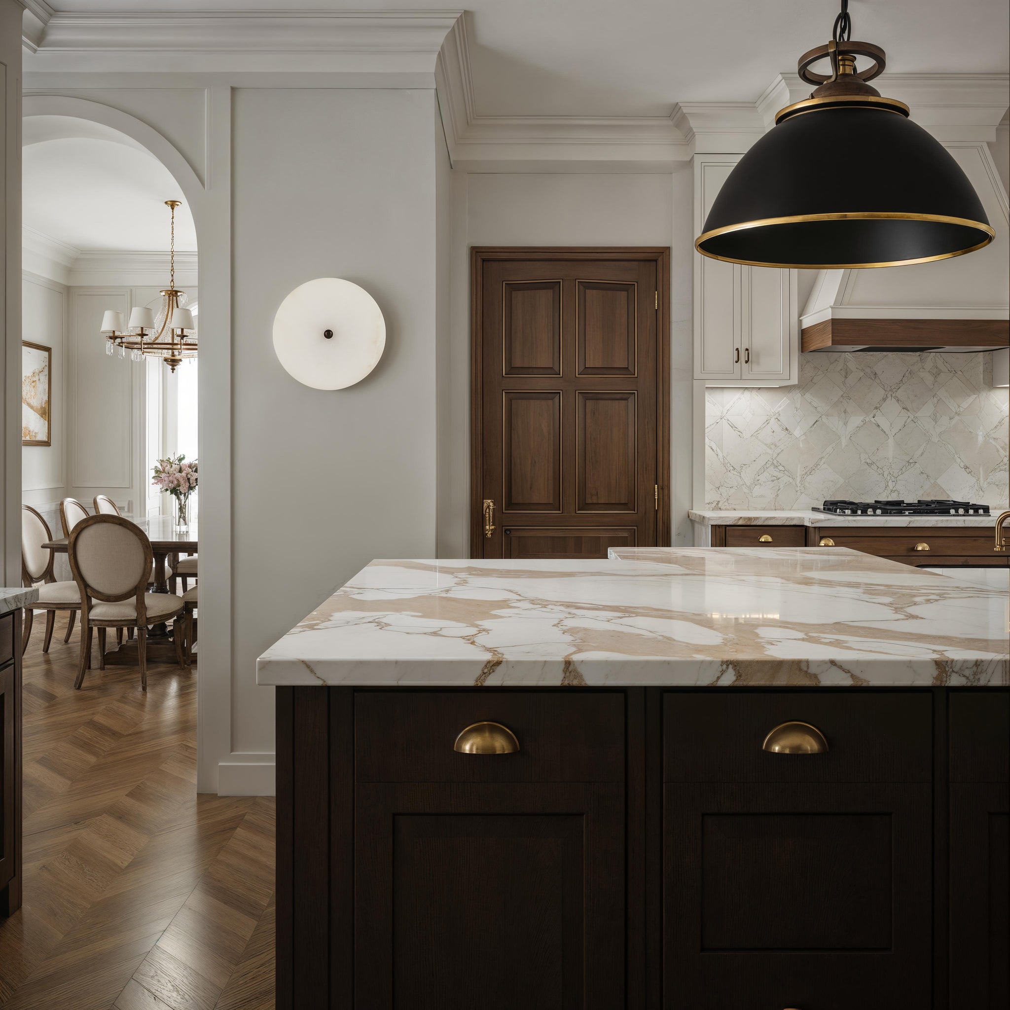 Lorenzo Wall Sconce installed in a modern kitchen with marble countertop and wooden cabinetry
