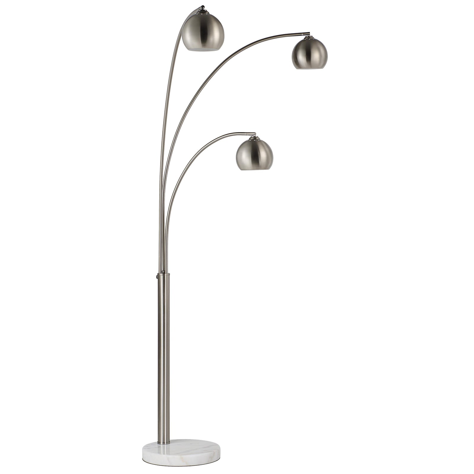Aguillard floor lamp with three curved arms and metallic shades, featuring a marble base.