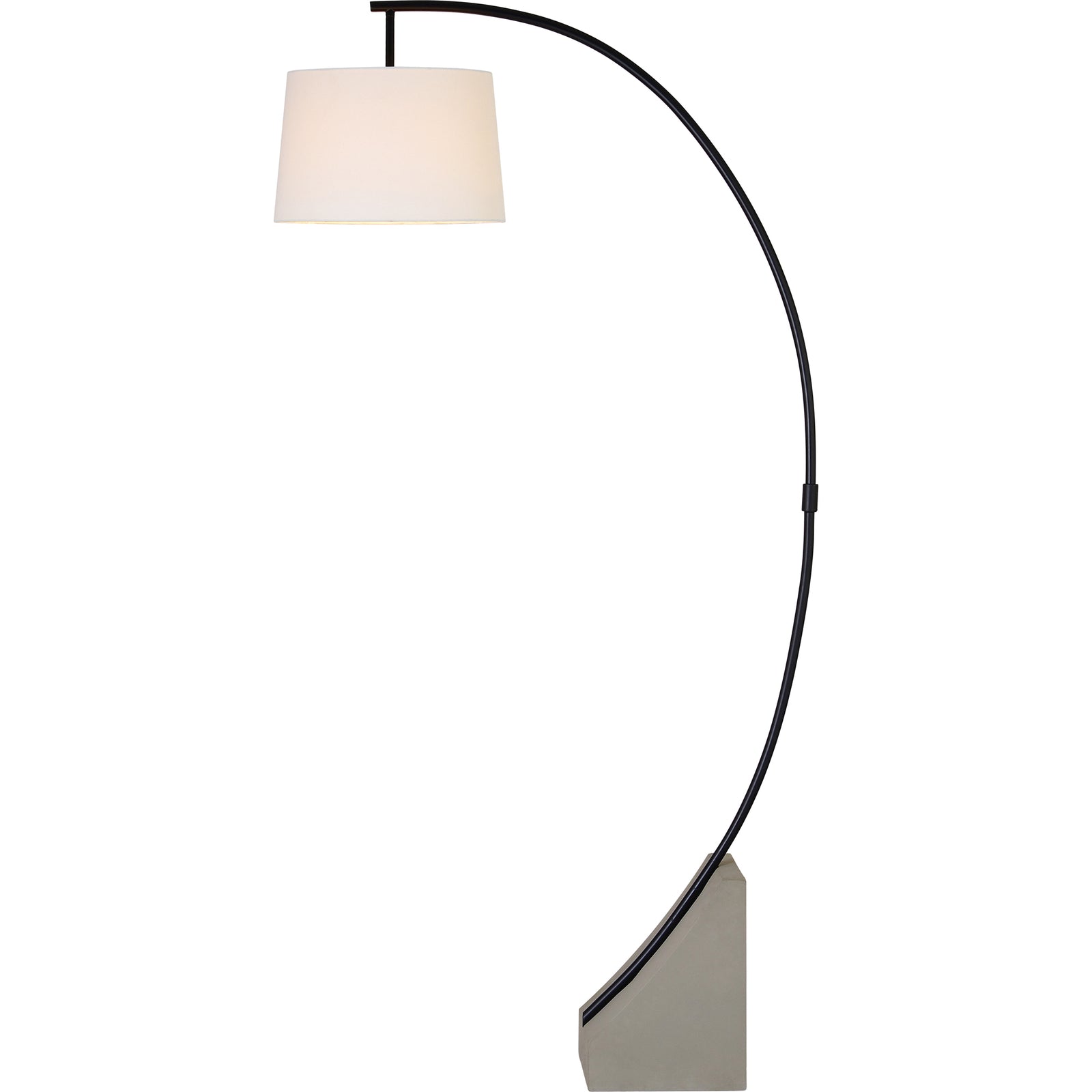 Weymouth Floor Lamp with a white shade and black curved arm on a concrete base