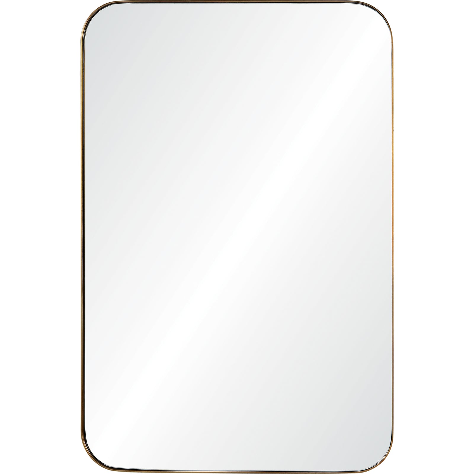 Edwin Wall Mirror with rounded corners and a sleek gold frame, reflecting light.