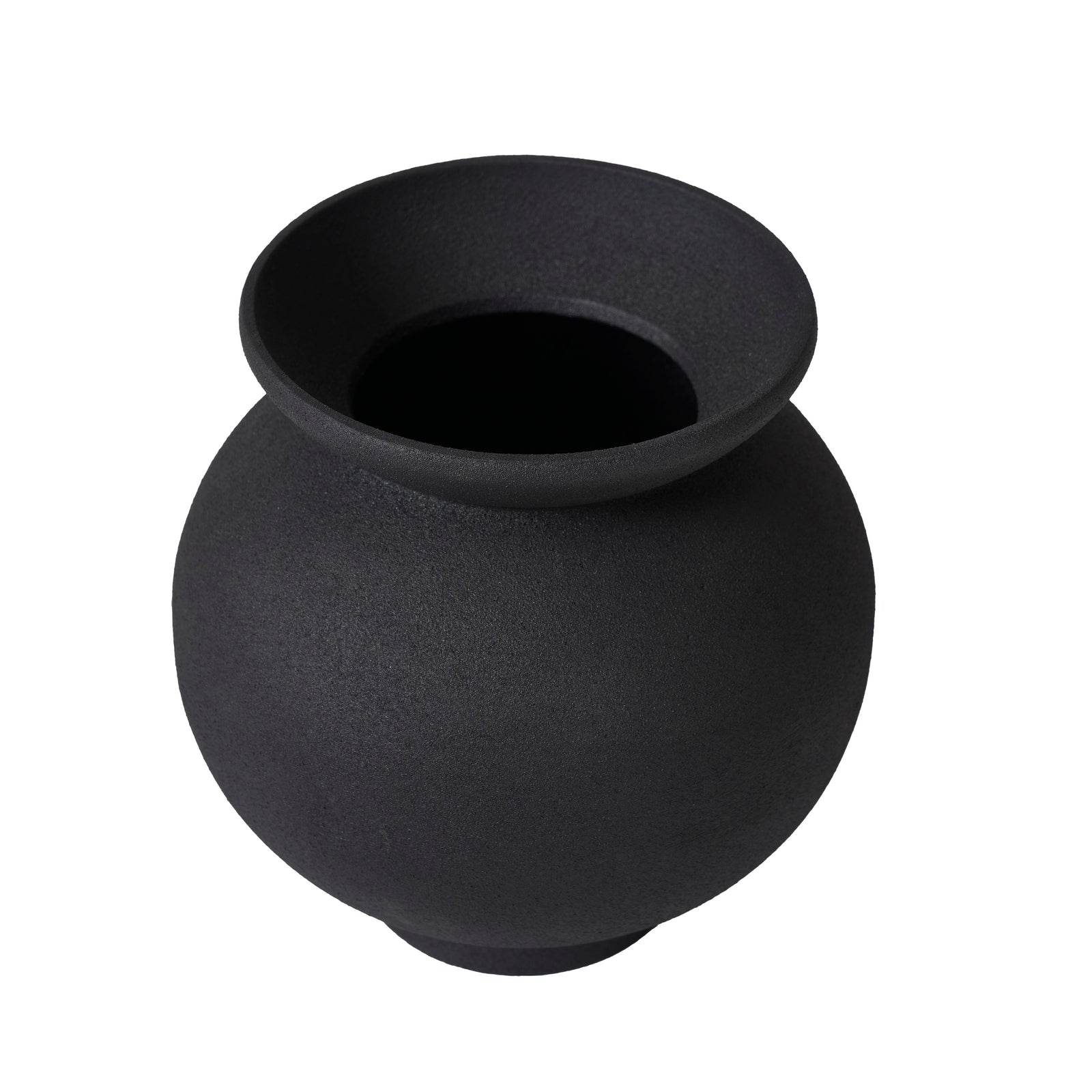 Cadiz vase by Renwil, round black ceramic vase with a wide lip and textured finish.