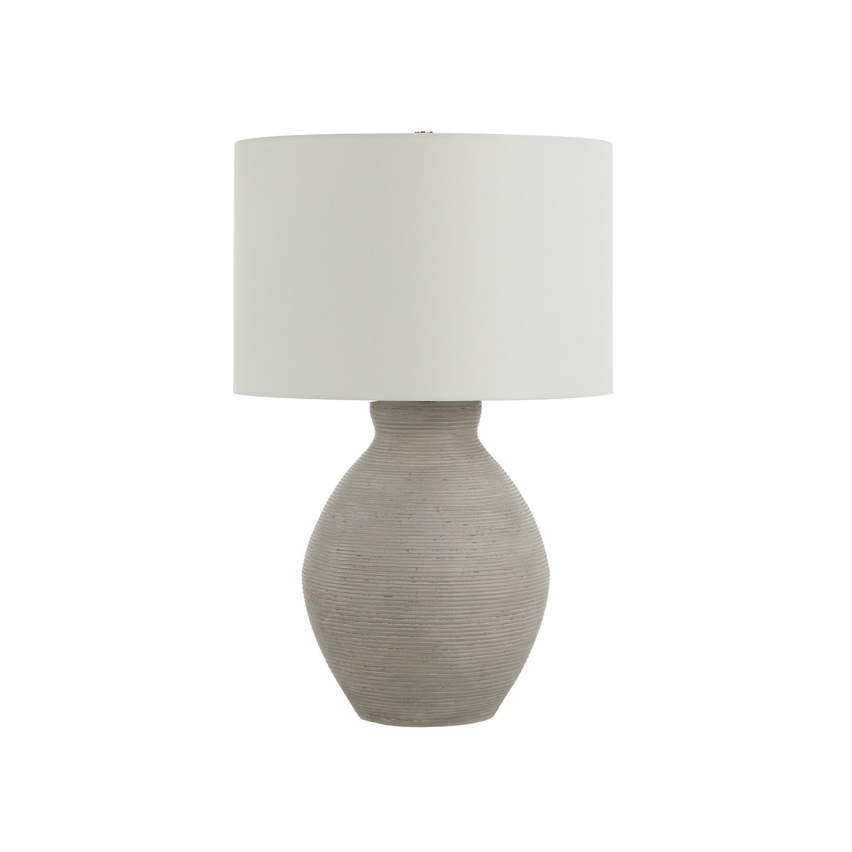 Delfino table lamp with a textured gray ceramic base and white drum shade.