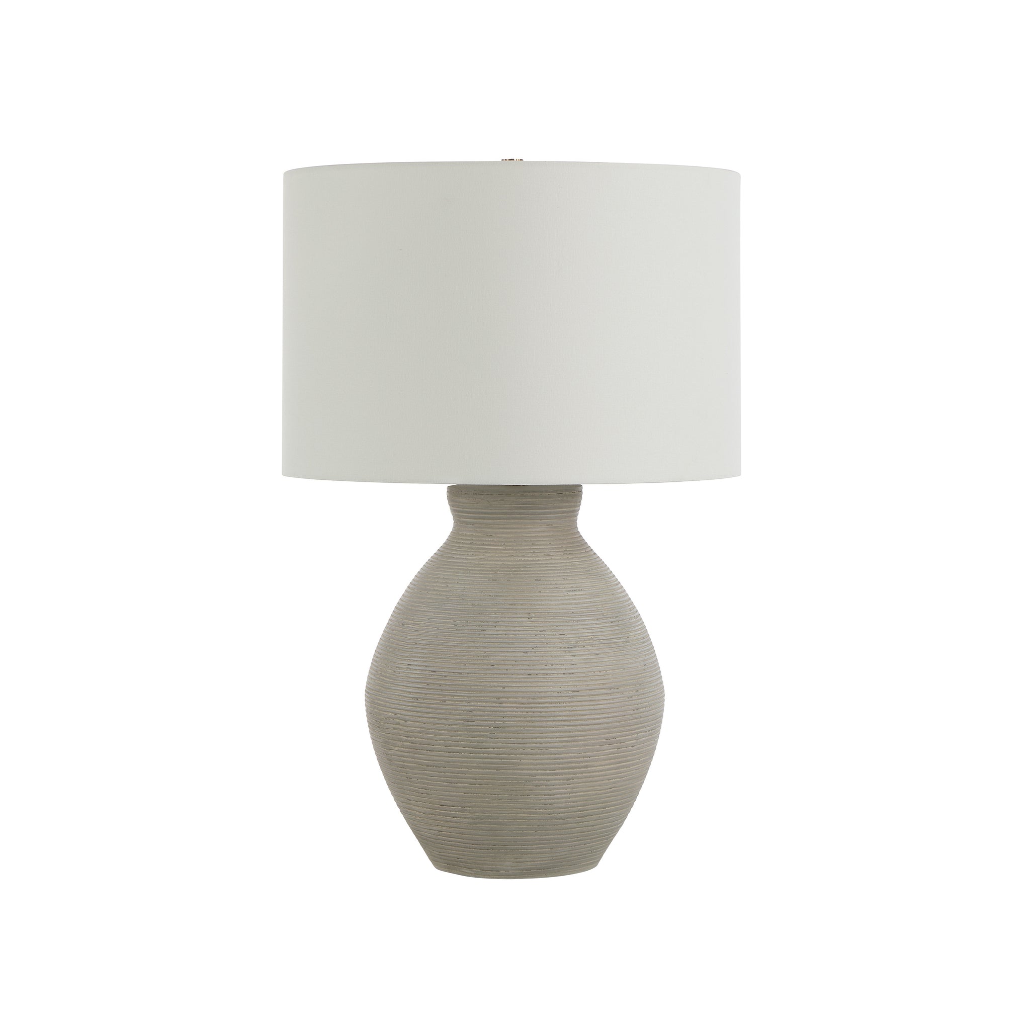 Delfino table lamp with a textured gray ceramic base and white drum shade.