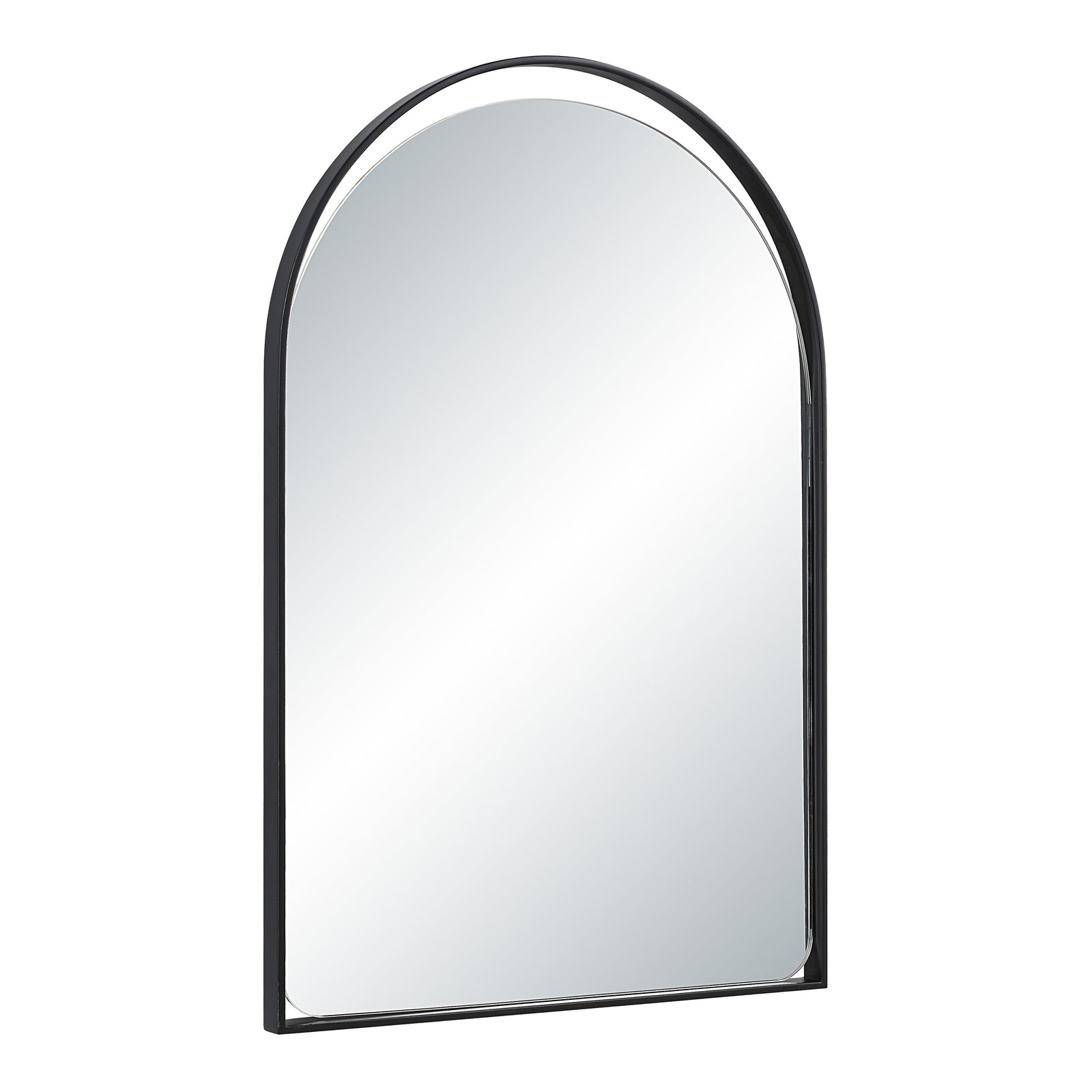 Maniola mirror with an arched top and black frame, reflecting light.