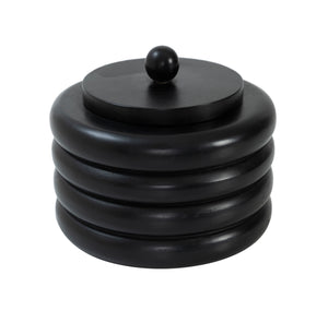 Cipher bookends by Renwil, black wood with a stacked circular design and a round top.