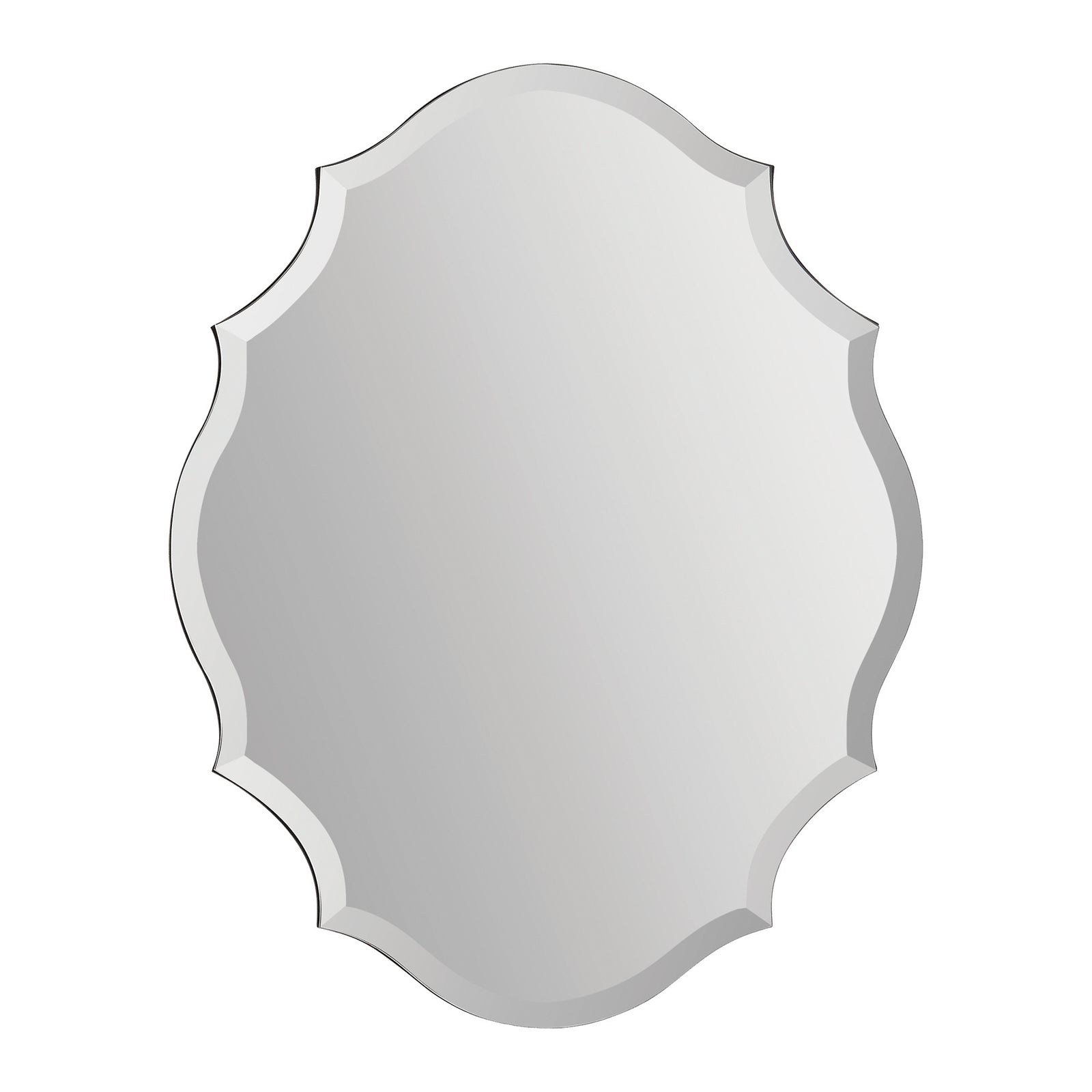 Emma mirror by Renwil, oval shape with scalloped edges, reflective surface, silver trim.