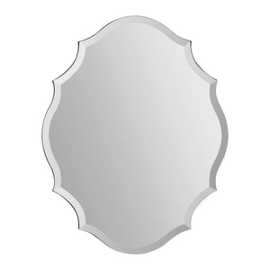 Emma mirror by Renwil, oval shape with scalloped edges, reflective surface, silver trim.