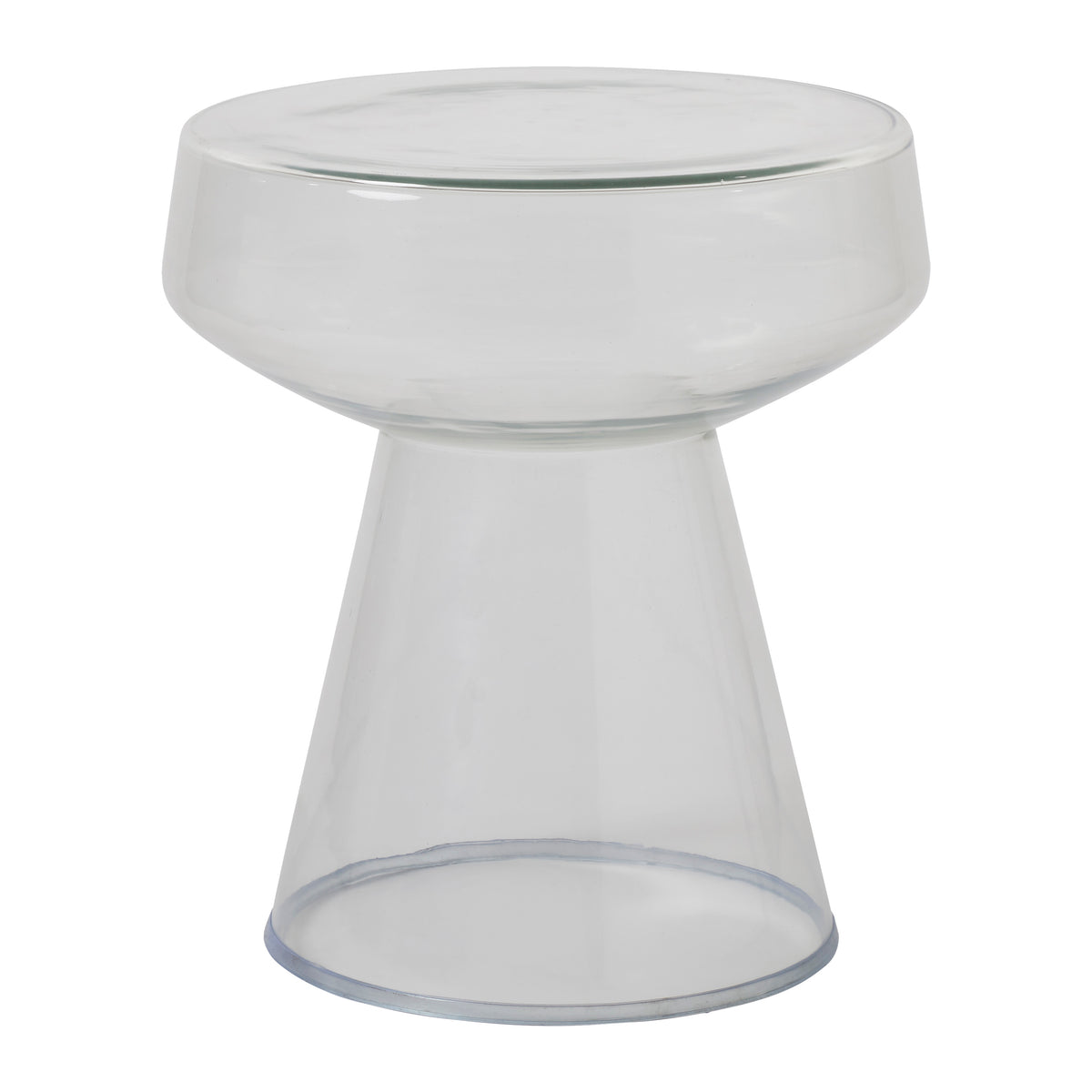 Lavanda table with a clear glass top and conical base, showcasing a modern design.