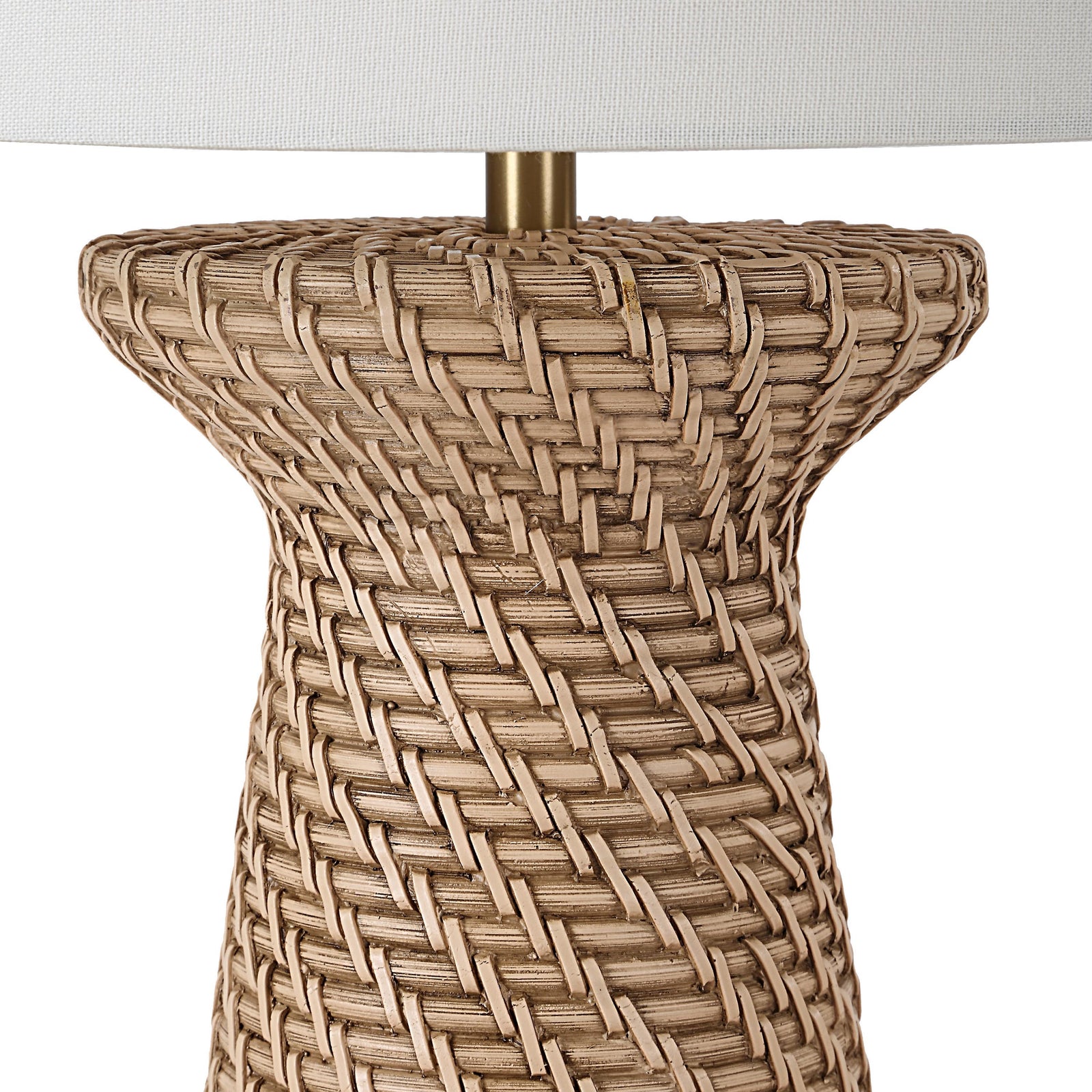 Nathalie floor lamp with a woven base and white cylindrical shade, showcasing a modern design.