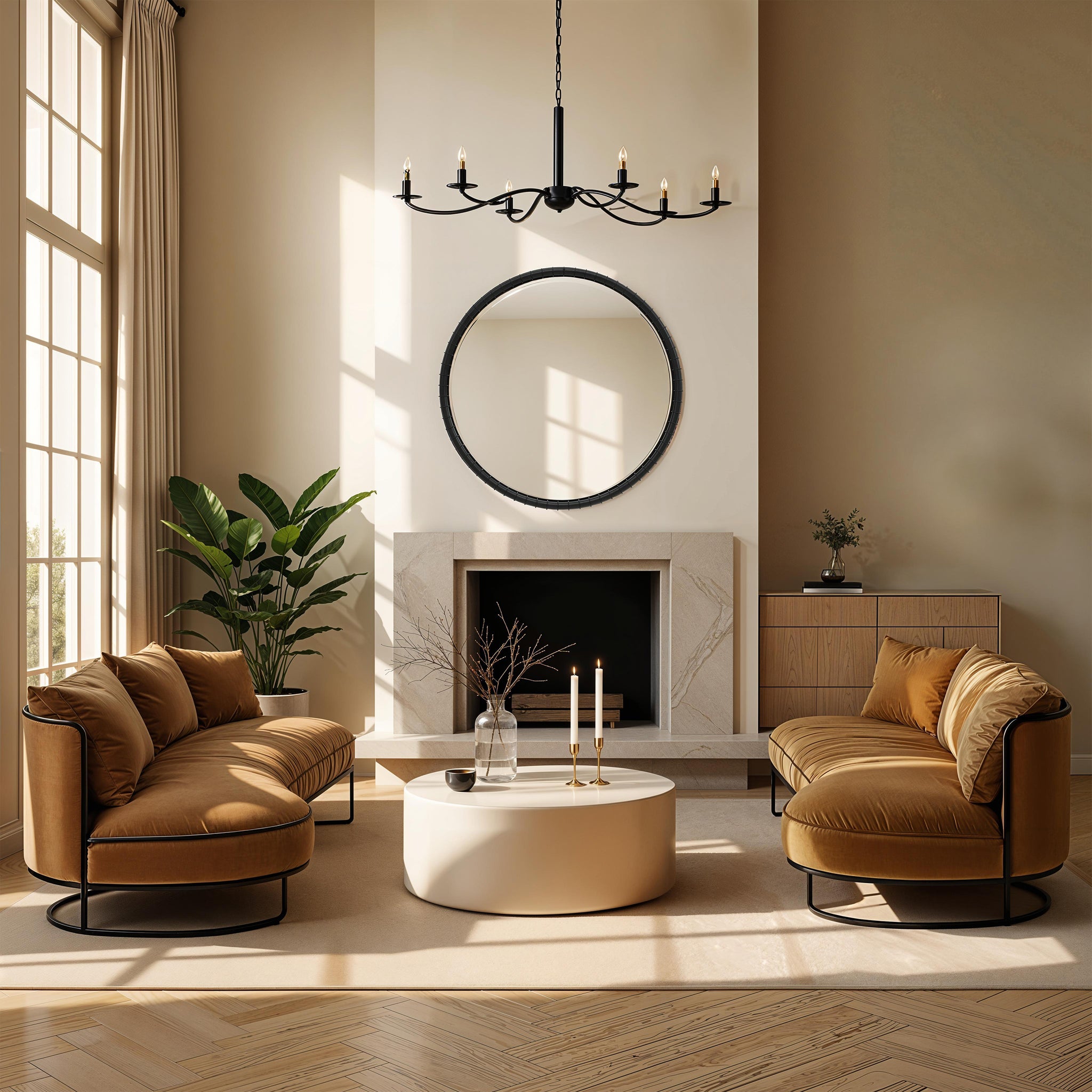 Timo mirror in a stylish living room with a round black frame, featuring a cozy seating area and modern decor.