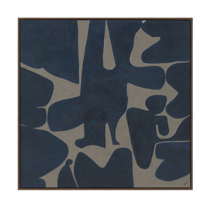 Valerio canvas art featuring abstract shapes in navy blue and beige tones.