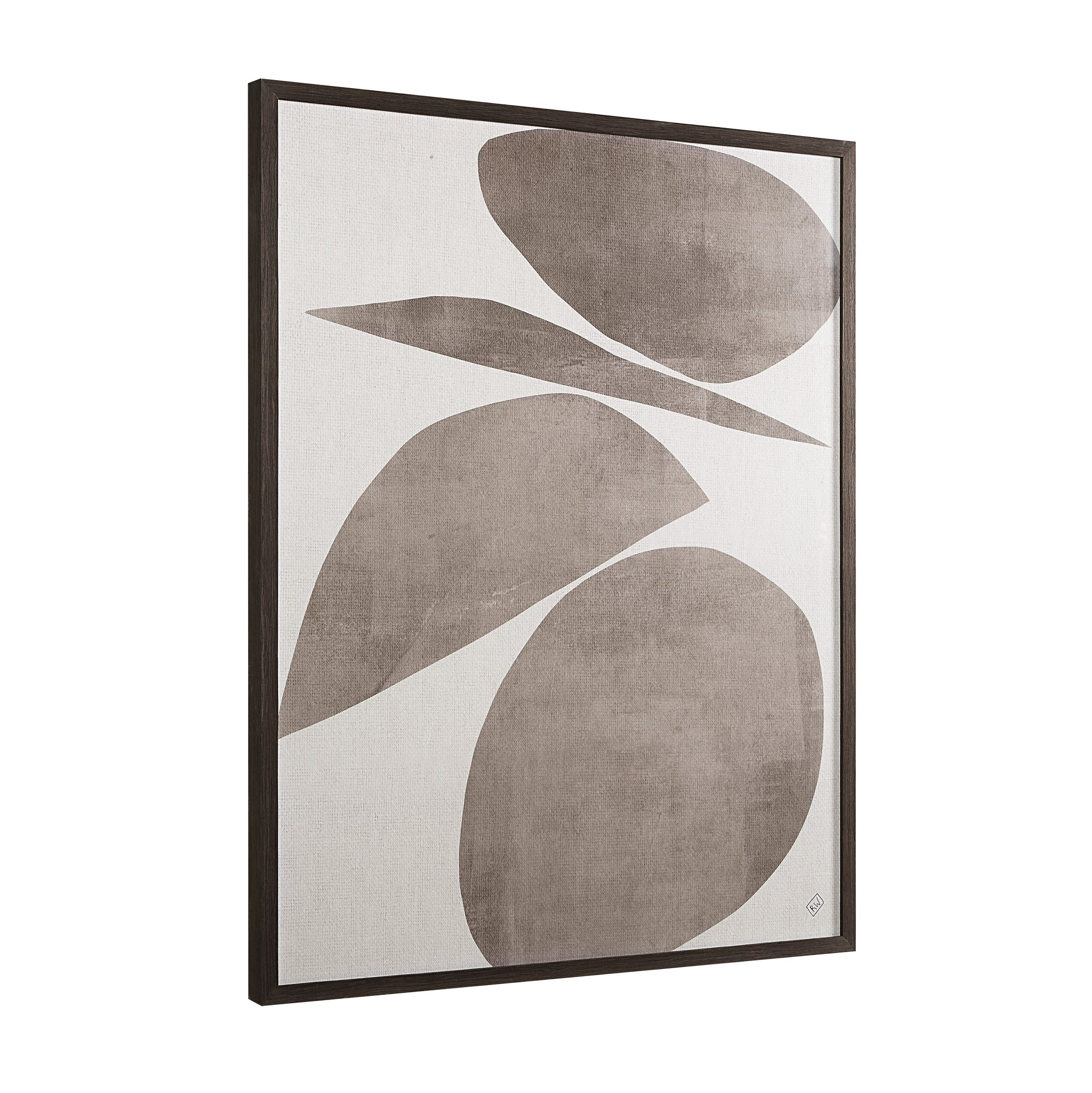 Belem wall art with large abstract shapes in soft beige and brown colors, framed elegantly.