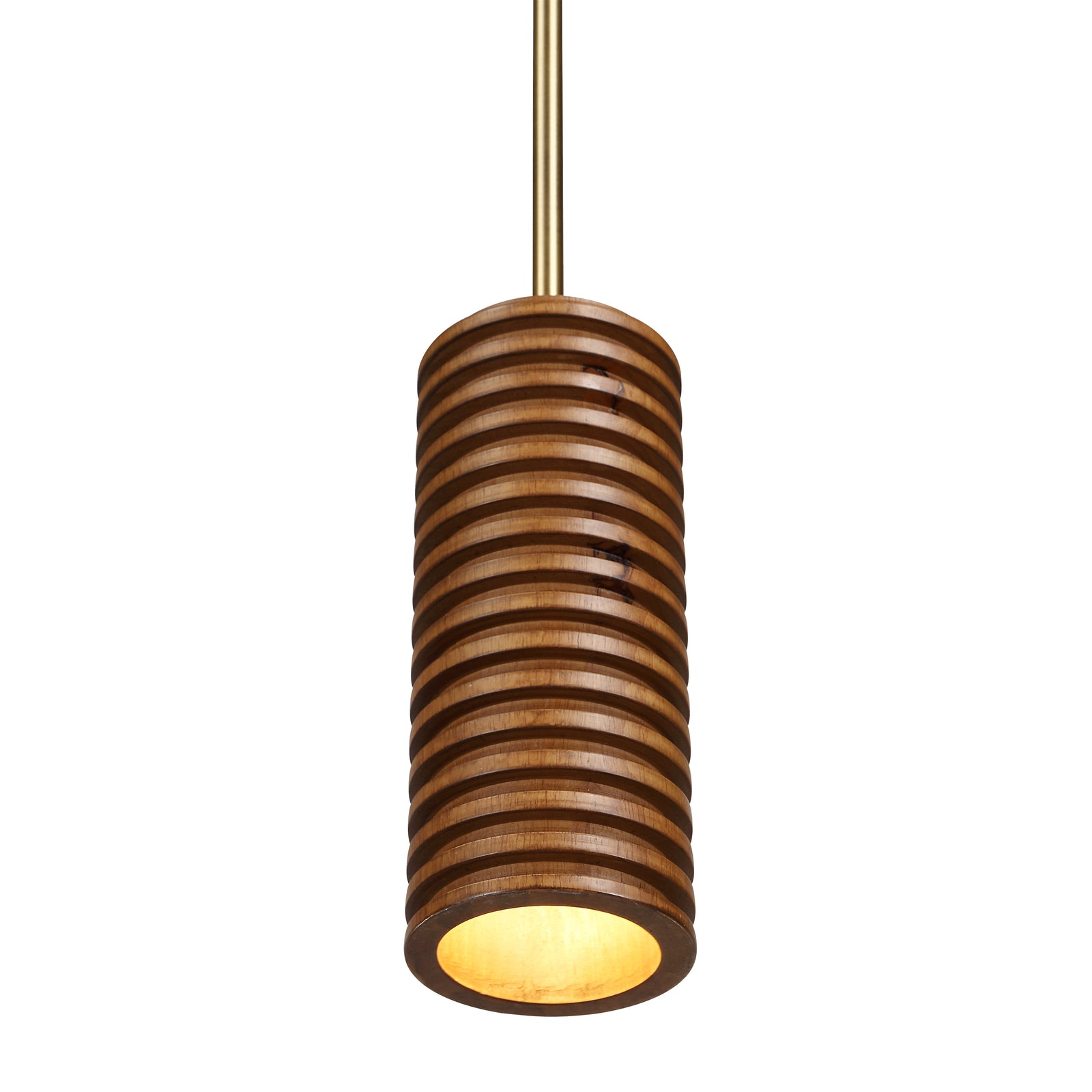 Rue pendant light by Renwil, wooden design with ridged texture and brass accents