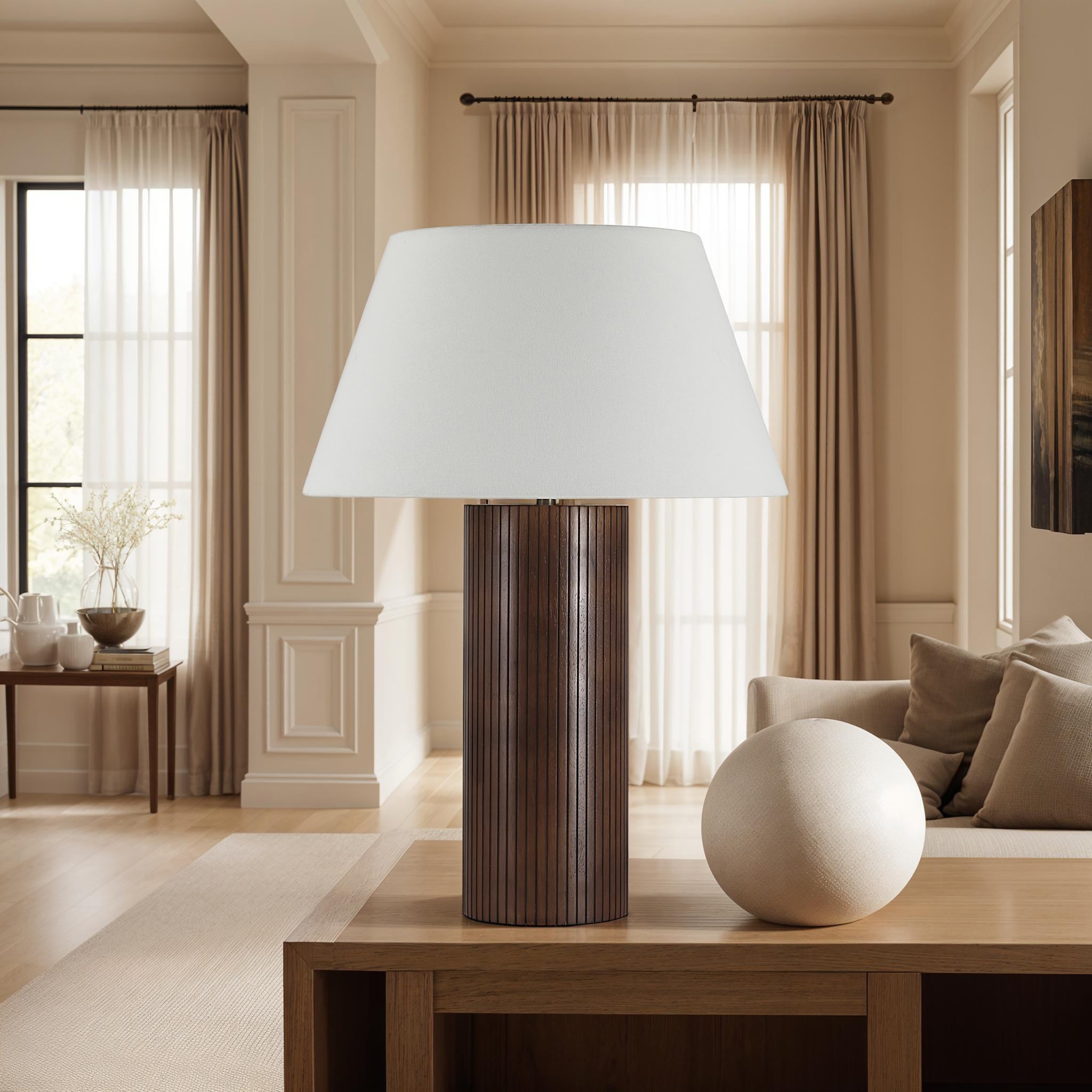 Sanya Table Lamp on a wooden table in a bright living room setting