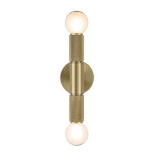 Tovi Wall Sconce in brass with two glowing globes and sleek design