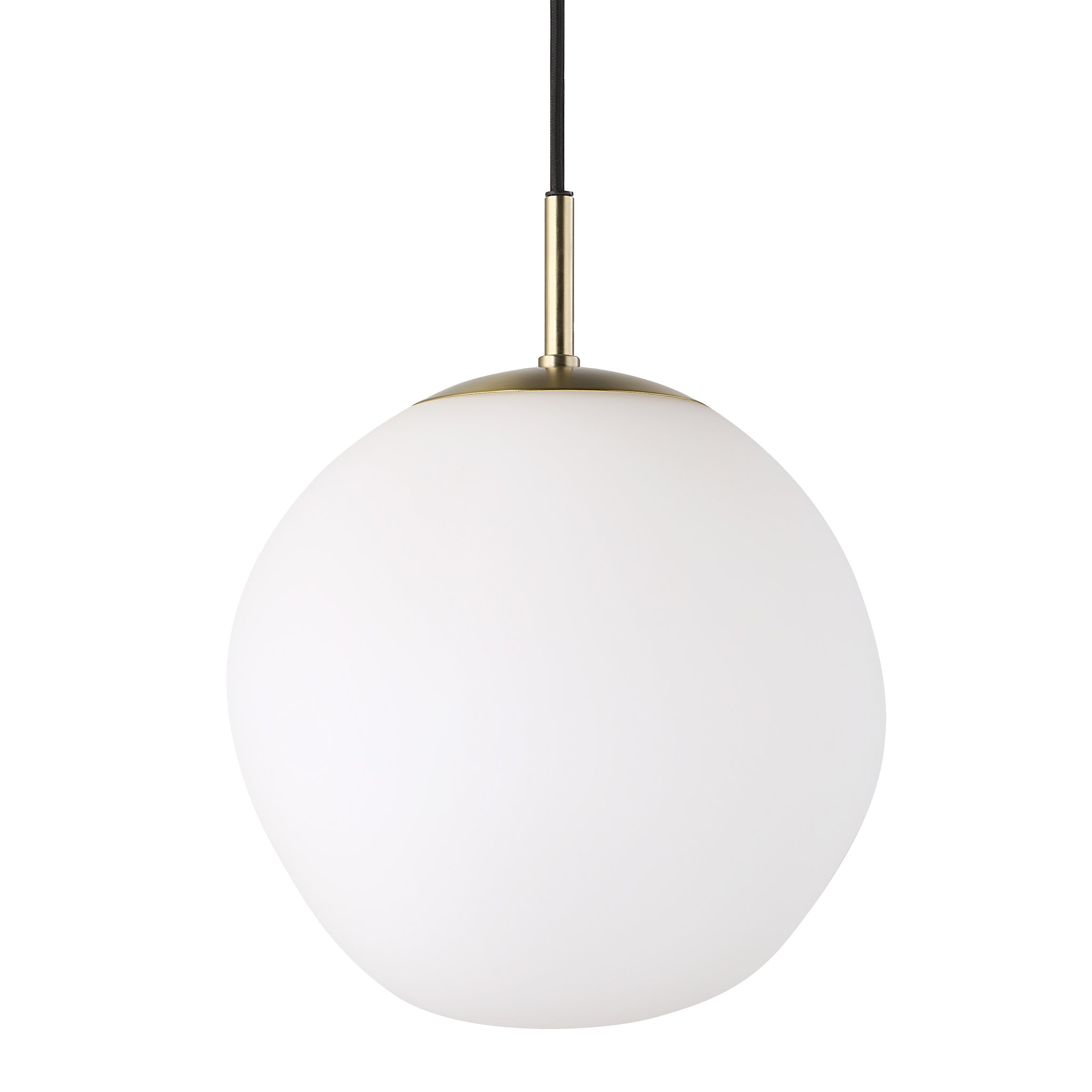 Koa ceiling fixture showcasing a smooth white glass globe with a brass cap, suspended by a black wire.