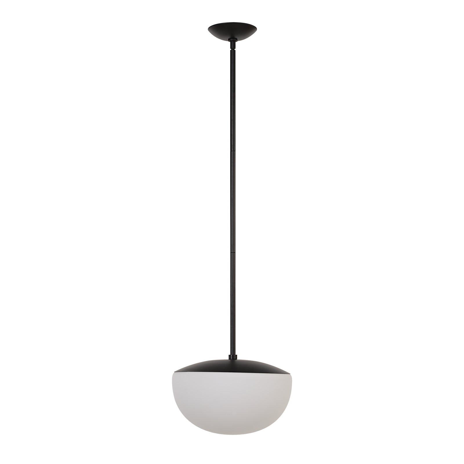 Aditi ceiling light fixture with a black top and white globe shade, hanging from a black rod.