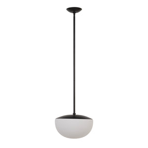 Aditi ceiling light fixture with a black top and white globe shade, hanging from a black rod.