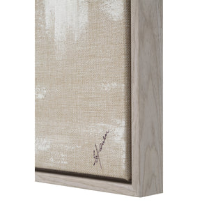 Quatro canvas art close-up showing textured beige fabric and signature on the side