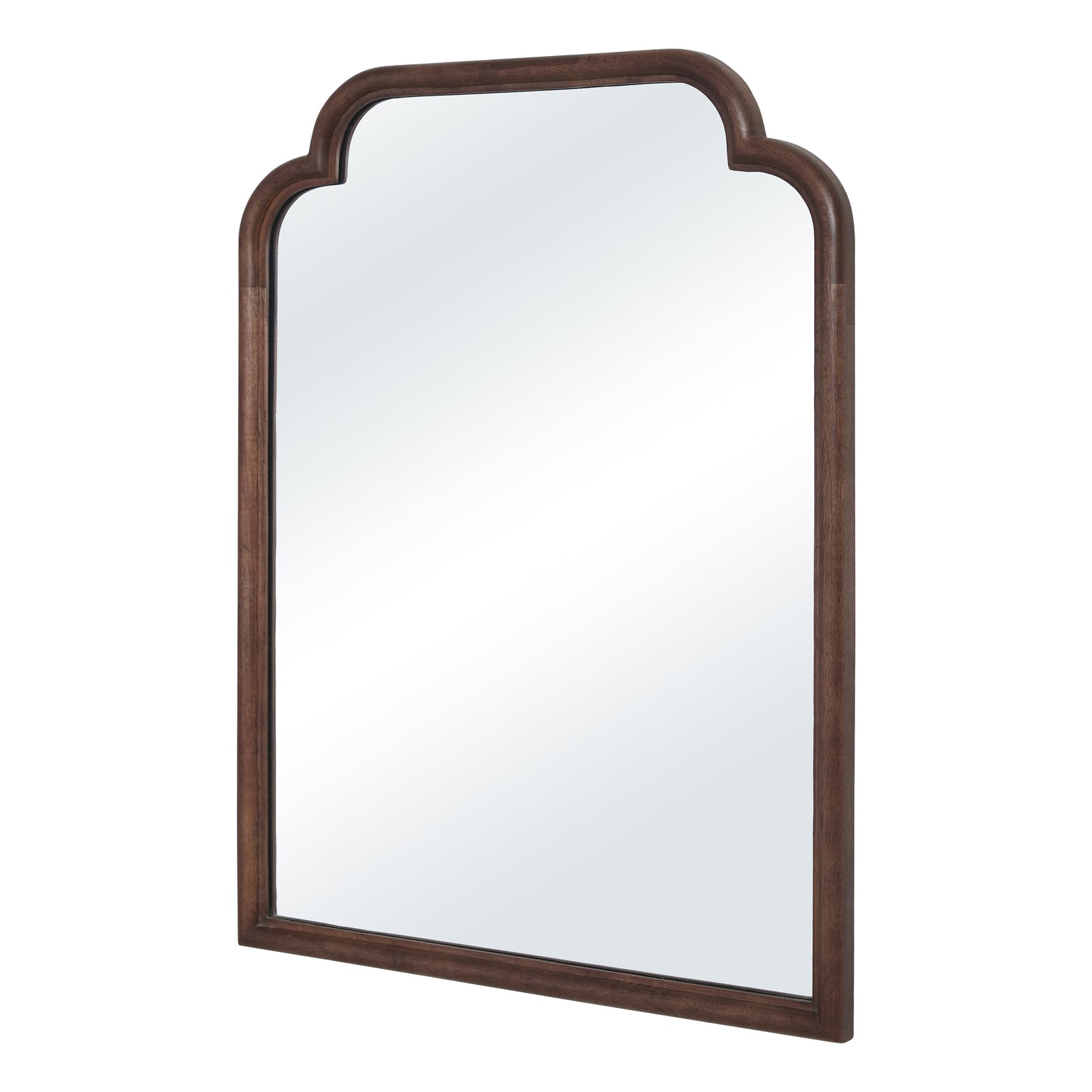 Octavian mirror with a brown wood frame featuring an arched top design.