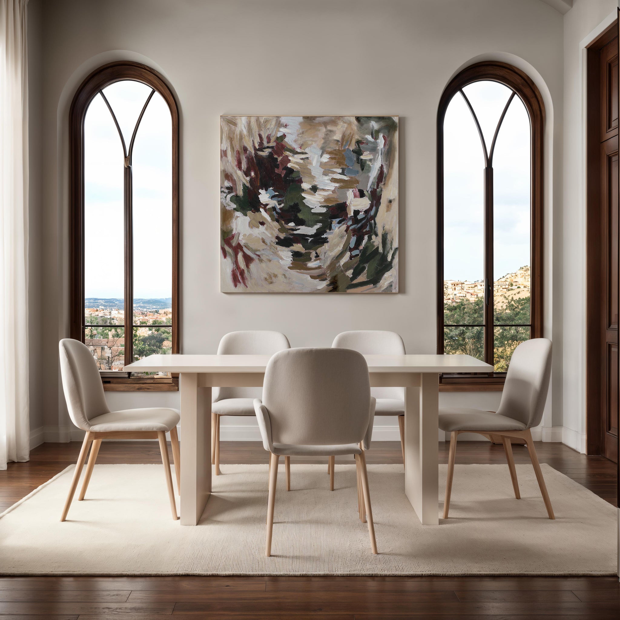 Ardesia canvas art hung in a modern dining room with a table and chairs, featuring large windows.