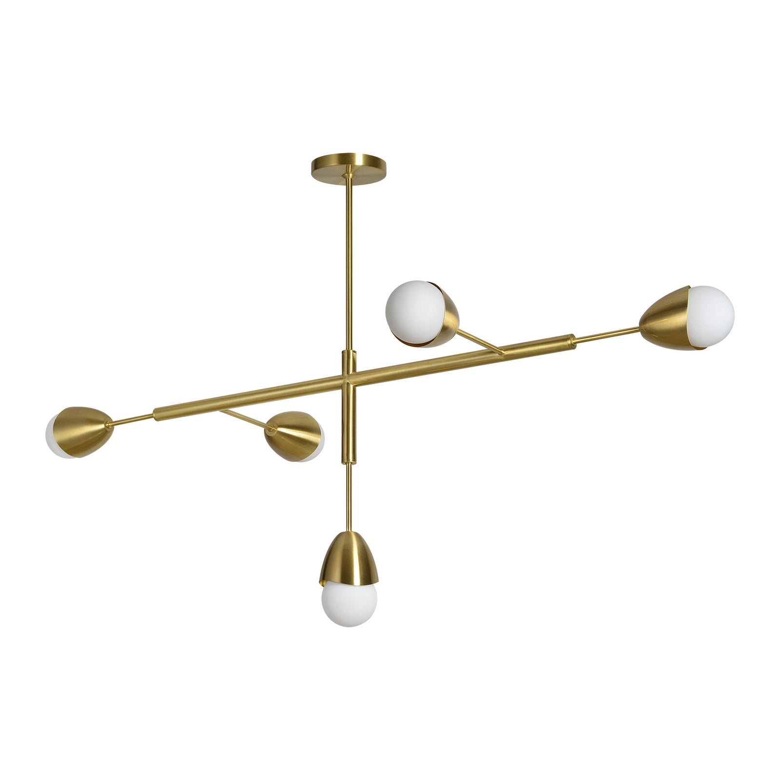 Naura Ceiling Fixture with five light bulbs, gold metal finish and white glass shades