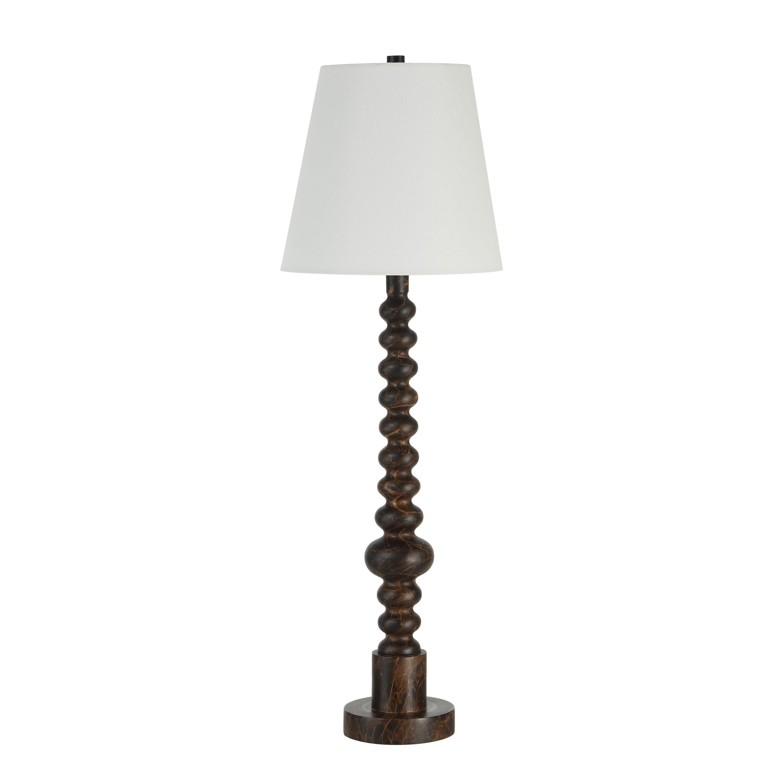 Famar Table Lamp with a textured dark wood base and a white fabric shade
