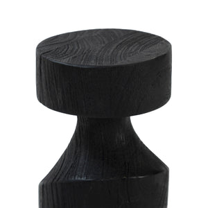 Severn black wood accent table with a round top and hourglass shape, showcasing a textured surface.