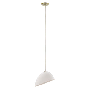 Corio Ceiling Fixture with a white dome shade and brass rod, hanging from a ceiling.