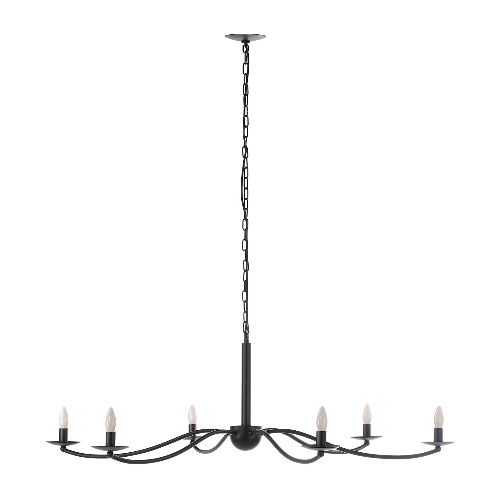 Landen chandelier by Renwil, black metal with six candle-style lights, hanging from a chain.