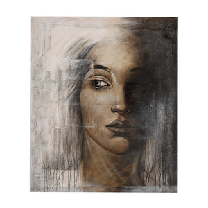 Cassandra Canvas Art featuring a woman's face in muted tones with textured background.